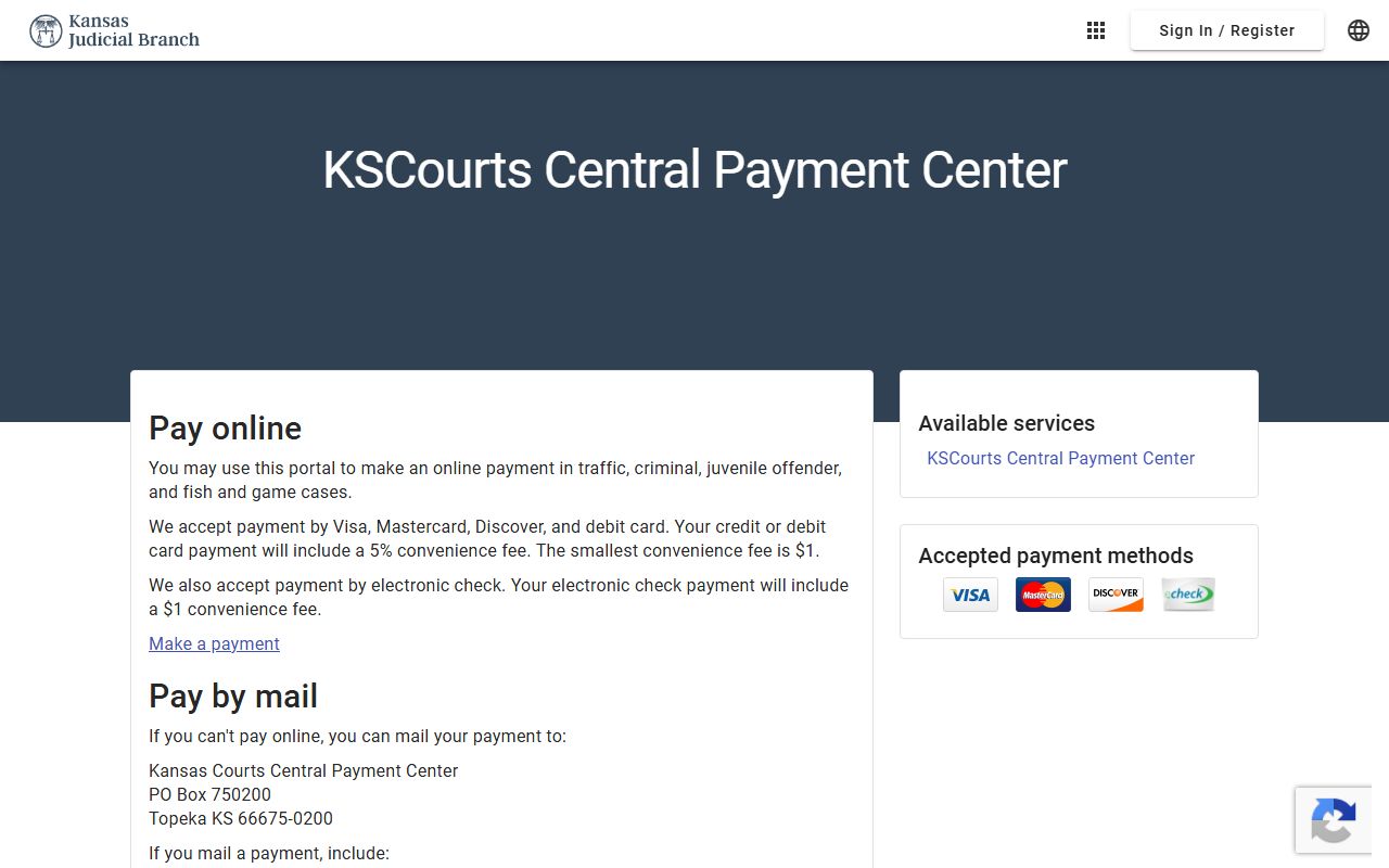 Cloud County court dockets KSCourts Central Payment Center homepage for eligible Kansas court payments