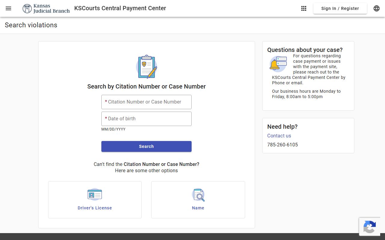 Cloud County court dockets KSCourts Central Payment Center search fields for court payment lookup