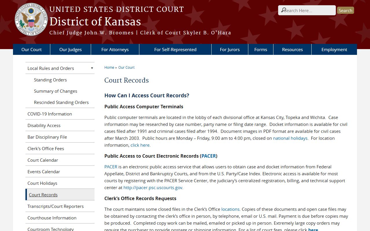 Cloud County court records District of Kansas court records page describing federal access
