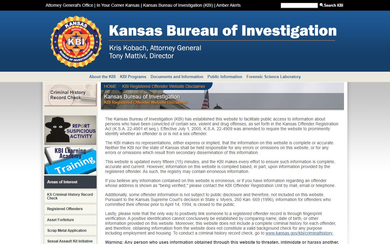Cloud County criminal court records KBI registered offender website disclaimer page