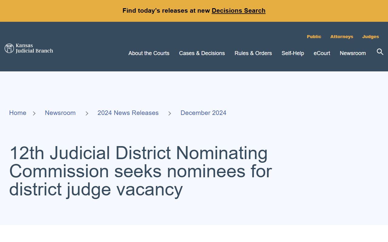 Cloud County District Court records and 12th Judicial District vacancy notice