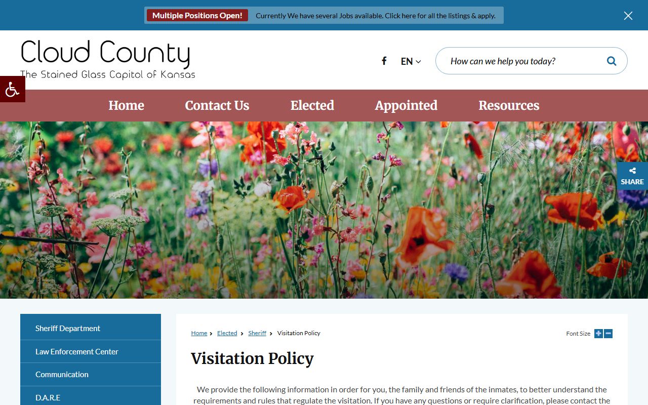 Cloud County inmate records jail visitation policy page
