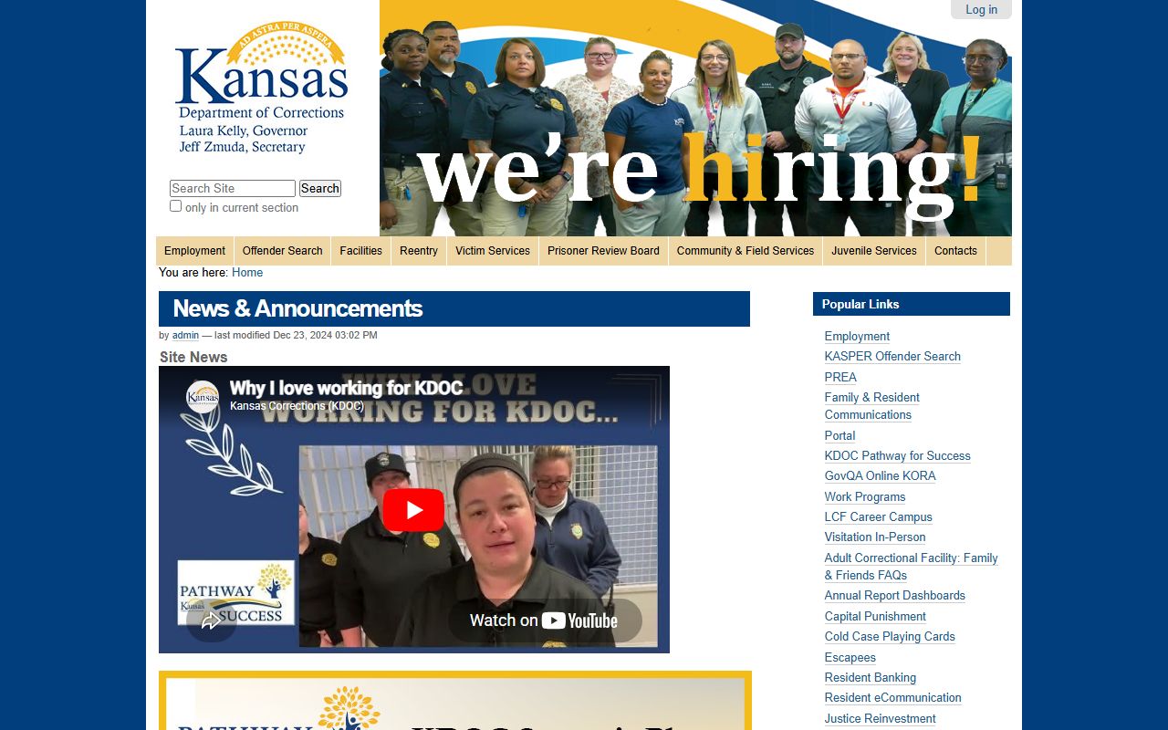 Cloud County inmate records Kansas Department of Corrections homepage