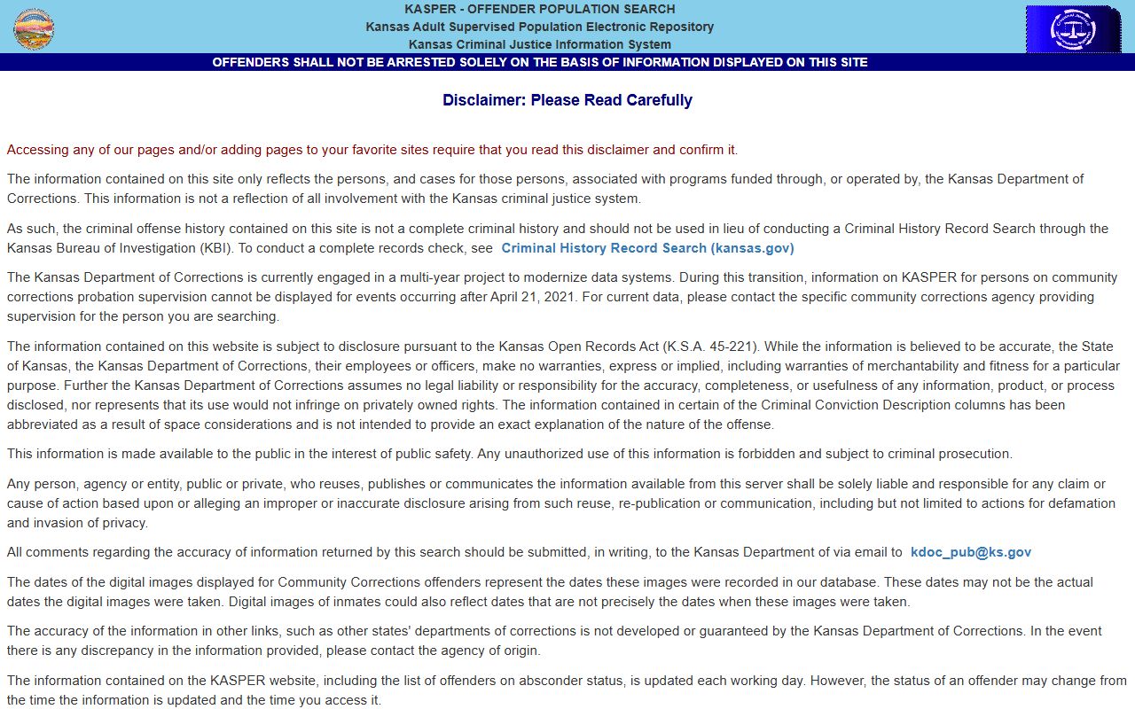 Cloud County inmate records KASPER offender search disclaimer