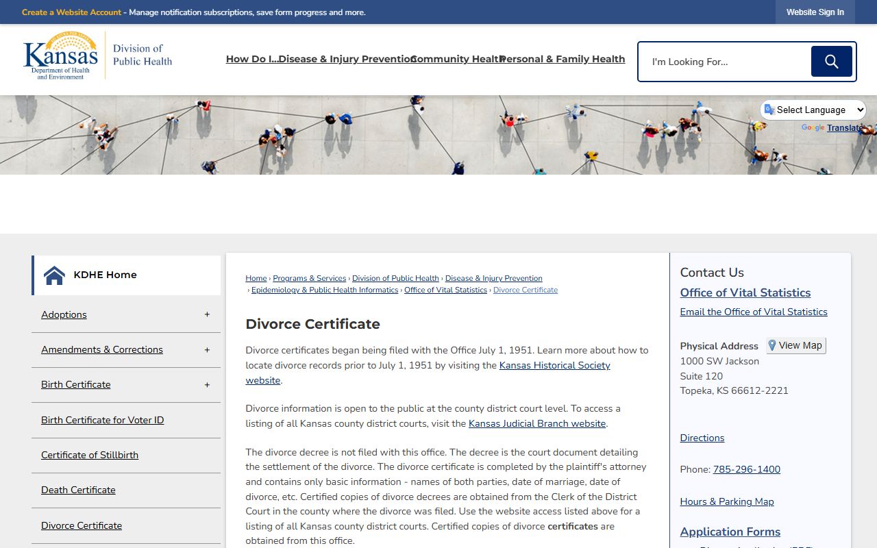 Cloud County divorce records KDHE divorce certificate order page