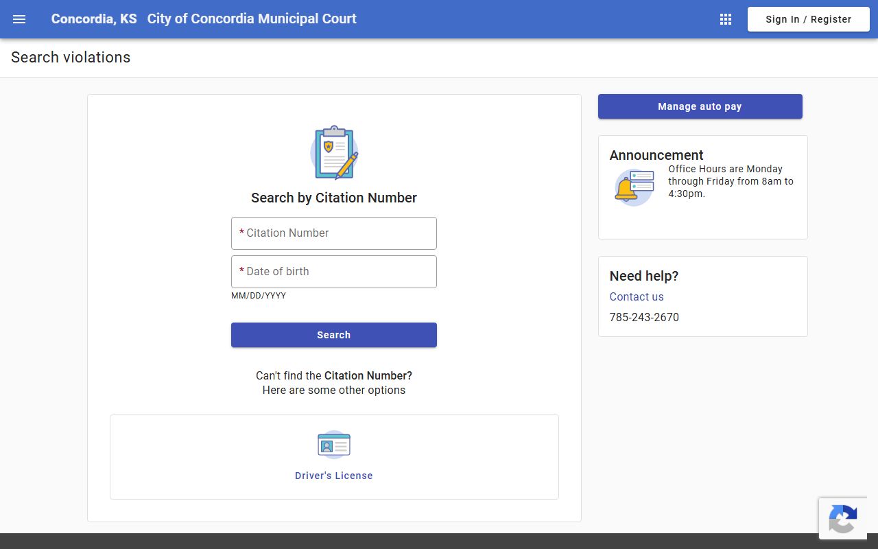 Cloud County traffic court records Concordia citation search fields